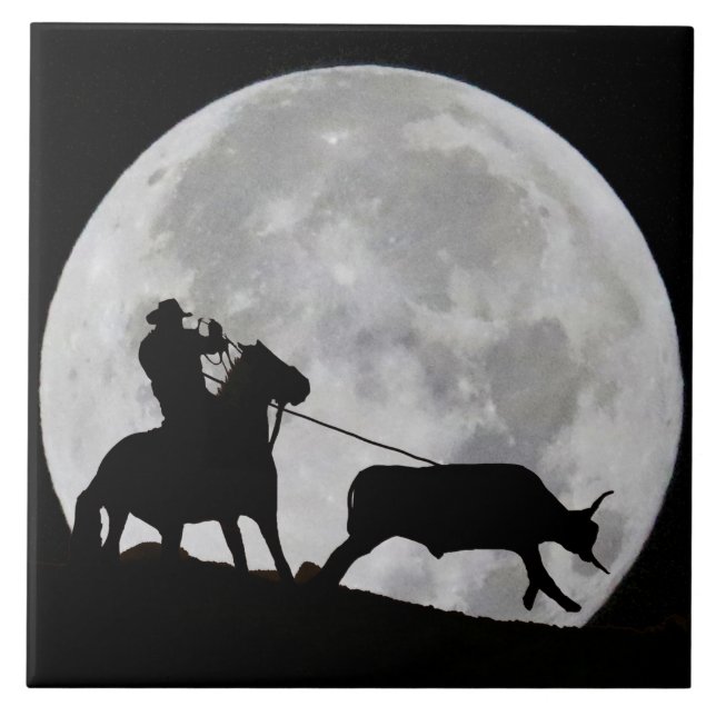 "Gotcha" Cowboy and Horse Steer Roping Full Moon Ceramic Tile (Front)