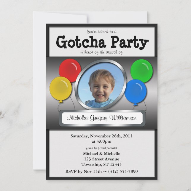 Gotcha Party Balloon Adoption Invitations (Front)