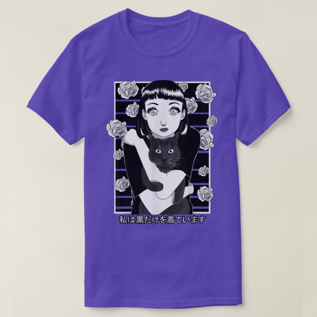 Goth Anime Girl Gothic Aesthetic Black Horror Cat  T-Shirt (Design Front)