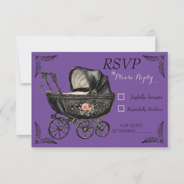 Goth Baby Carriage Girl Baby Shower RSVP Card (Front)