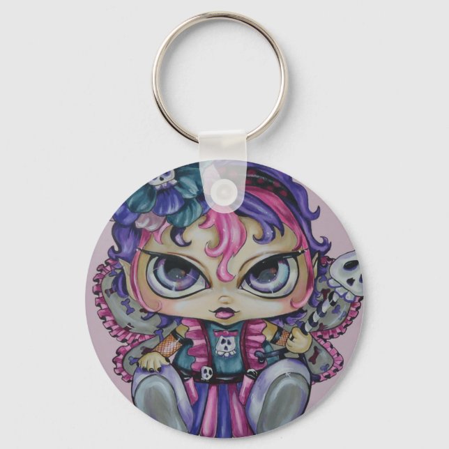 Goth Baby Fae Skull Big Eyed Fantasy Art Keychain (Front)