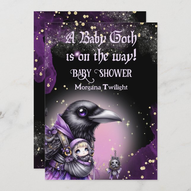 Goth Baby Girl Delivered by Crow Moonlight Invitation (Front/Back)