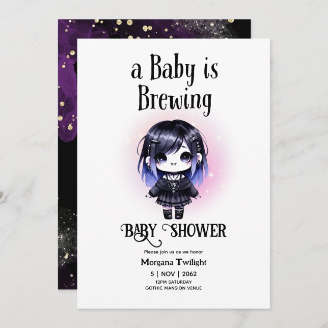 Goth Baby Girl is Brewing Vampire Bat Gothic Invitation (Front/Back)
