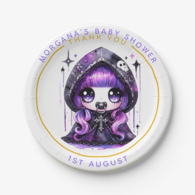 Goth Baby Girl Shower Bat Vampire Thank You  Paper Plate (Front)