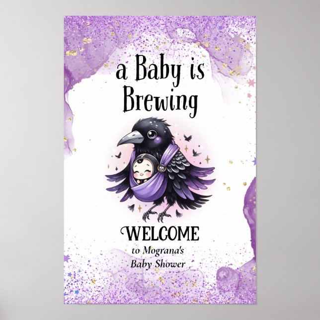 Goth Baby Shower Welcome Sign Black Purple Crow (Front)