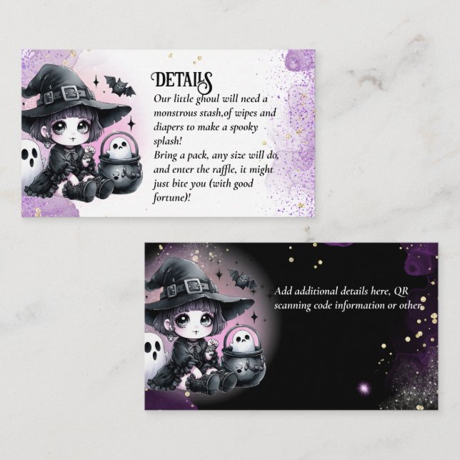 Goth Baby Witch Shower Purple Black Diaper Raffle Enclosure Card (Front/Back)