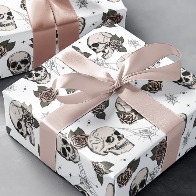 Goth Black and White Skull and Flowers Halloween Wrapping Paper (Gothic Floral Skulls Pattern Wrapping Paper. Hand-Drawn Skulls, Roses & Webs on White Background)