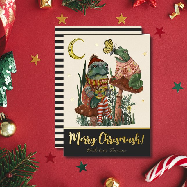 Goth Black Mushroom Frog and Toad Merry Christmas Foil Holiday Card (Black and real gold foil Christmas flat card with a whimsical illustration of frogs on mushrooms)