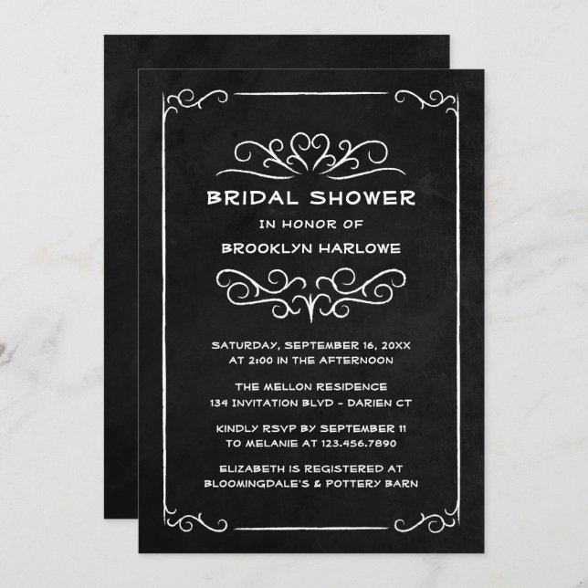 Goth Black White Vintage Chalkboard Bridal Shower  Invitation (Front/Back)