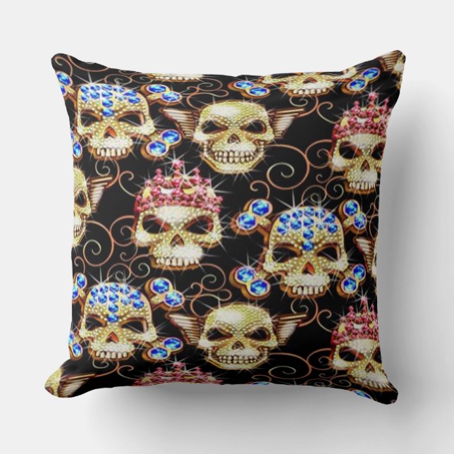 Goth Bling Jewel Skulls Throw Pillow (Front)