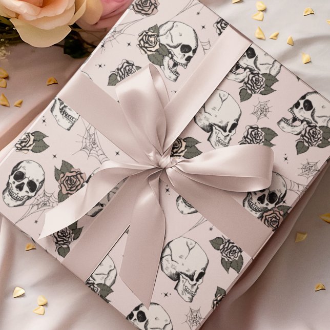 Goth Blush Pink Skull and Flowers Halloween Wrapping Paper (Gothic Floral Skulls Pattern Wrapping Paper. Hand-Drawn Skulls, Roses, Webs on Blush Pink Background)
