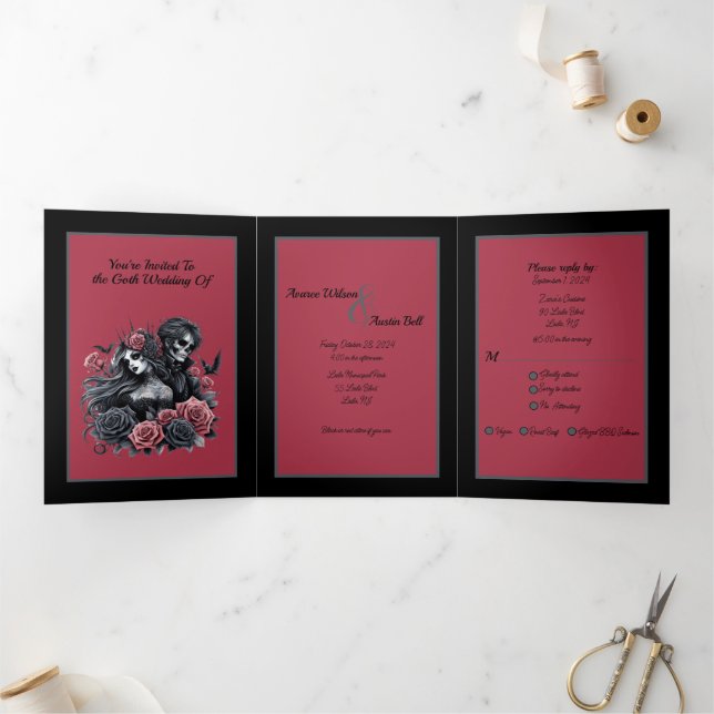 Goth Bride and Groom Black Pink Grey Tri-Fold Invi Invitation (Inside)