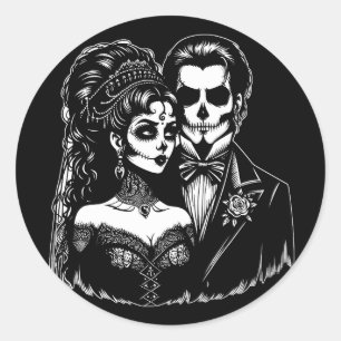 goth Bride And Groom day of dead Skeleton Art Classic Round Sticker