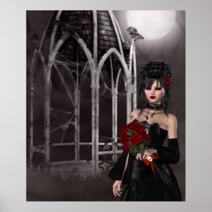 Goth bride & roses by spooky Gothic gazebo Poster