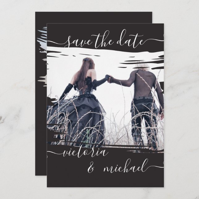 Goth Brush stroke Wedding Photo Save the date Invitation (Front/Back)