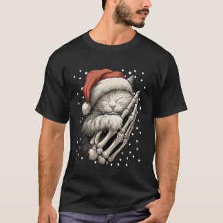 Goth Christmas Cat Santa Hat Skeleton Hand Gothic T-Shirt