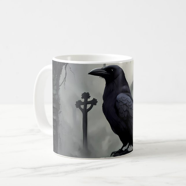 Goth Coffee Mugs with Raven in Graveyard  (Front Left)