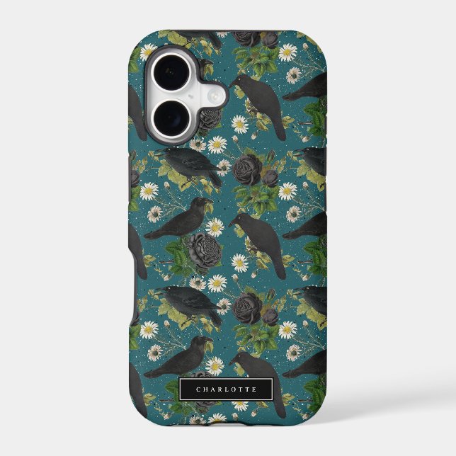 Goth Crows & Black Roses Deep Teal Pattern (Back)