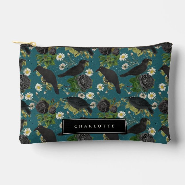 Goth Crows & Black Roses Deep Teal Pattern Accessory Pouch (Front)