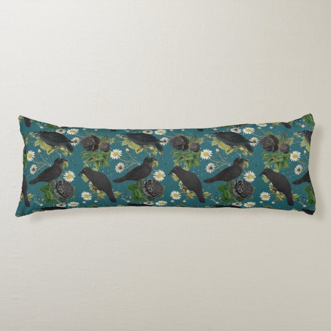 Goth Crows & Black Roses Deep Teal Pattern Body Cushion (Front)