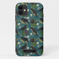 Goth Crows & Black Roses Deep Teal Pattern