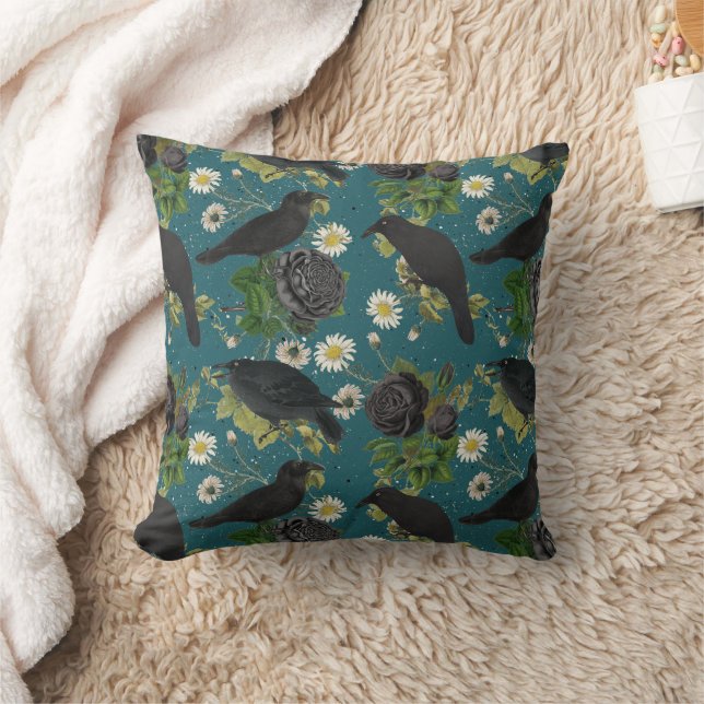 Goth Crows & Black Roses Deep Teal Pattern Cushion (Blanket)
