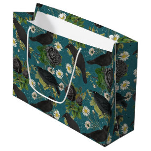 Goth Crows & Black Roses Deep Teal Pattern Large Gift Bag