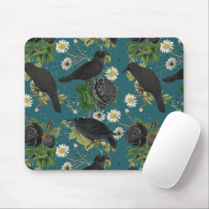 Goth Crows & Black Roses Deep Teal Pattern Mouse Pad