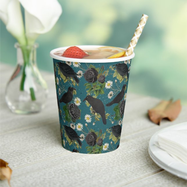 Goth Crows & Black Roses Deep Teal Pattern Paper Cups (Insitu)