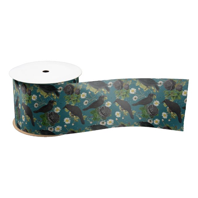 Goth Crows & Black Roses Deep Teal Pattern Satin Ribbon (Spool)