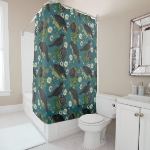 Goth Crows & Black Roses Deep Teal Pattern Shower Curtain
