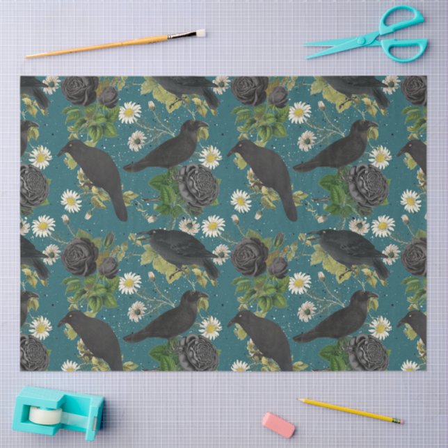 Goth Crows & Black Roses Deep Teal Pattern Tissue Paper (Craft)