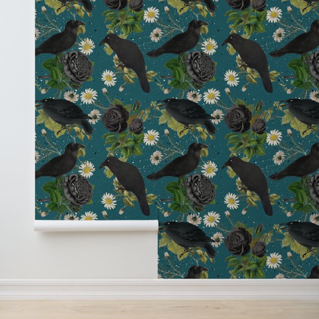 Goth Crows & Black Roses Deep Teal Pattern Wallpaper (Application)