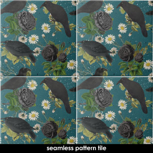 Goth Crows Black Roses Deep Teal Seamless Pattern Ceramic Tile