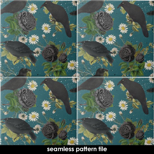 Goth Crows Black Roses Deep Teal Seamless Pattern Ceramic Tile (Black Crows & Roses Deep Teal Seamless Pattern Ceramic Tile)