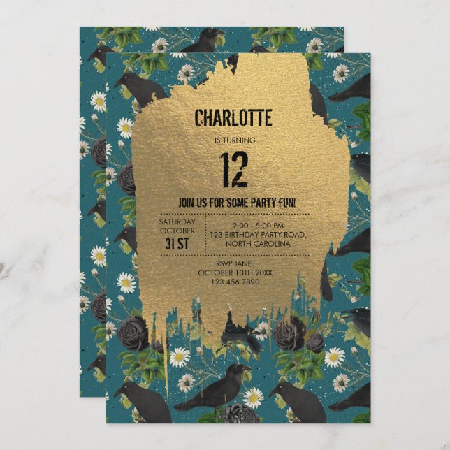 Goth Crows & Black Roses Teal Halloween Birthday Invitation (Front/Back)