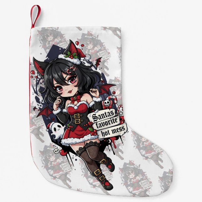 Goth Devil Chibi Girl Christmas Hot Mess Small Christmas Stocking (Front)