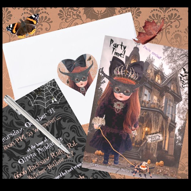 Goth Doll Halloween Party Invitation (Seal your invitations with matching Stickers!  A Happy Halloween Card in this design also available!)