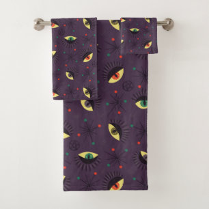 Goth Eyes Witchy Purple Pattern Occult Bath Towel Set