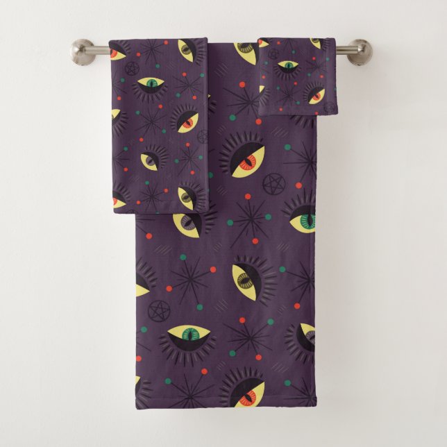 Goth Eyes Witchy Purple Pattern Occult Bath Towel Set (Insitu)