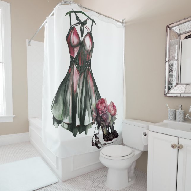 Goth Fashion | Green and Pink Dress with Stilettos Shower Curtain (In Situ)
