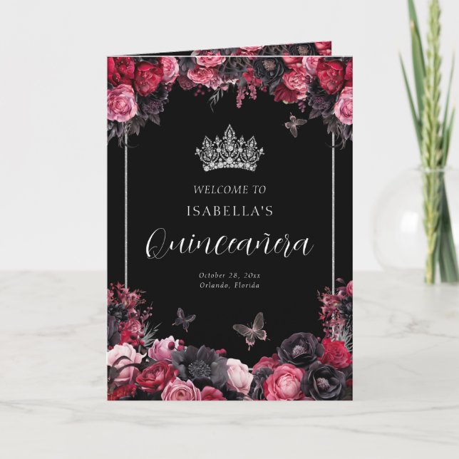 Goth Floral Quinceanera Princess Padrinos Event Program (Front)