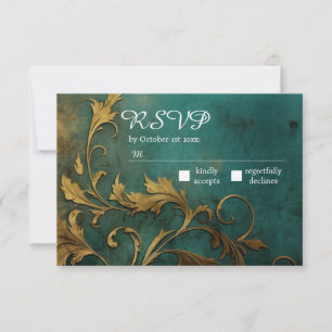 Goth Floral Teal And Gold RSVP Card