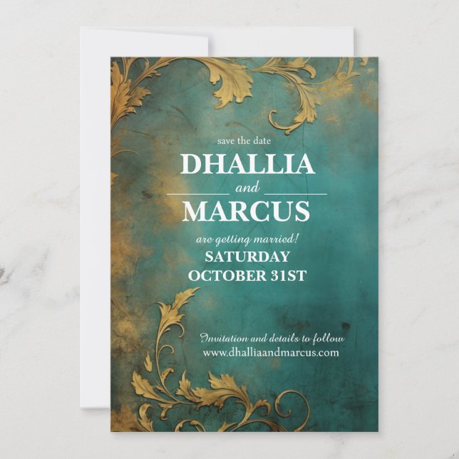 Goth Floral Teal And Gold Save The Date (Front)