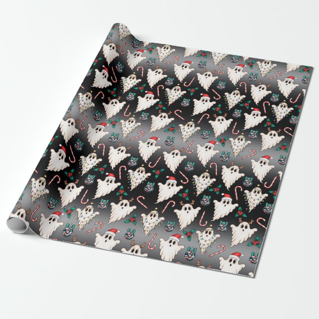 Goth Ghost Christmas Wrapping Paper Dark (Unrolled)