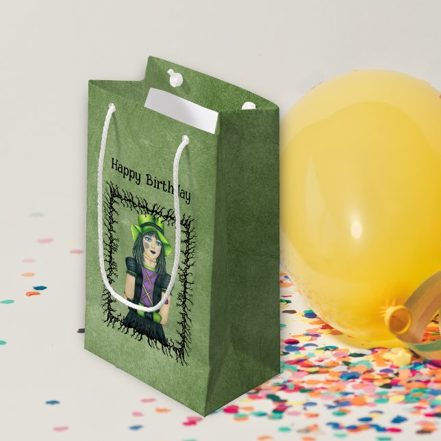 Goth Girl Black Barbed Branch Frame Green Birthday Small Gift Bag (Goth girl hat tattoos in black barbed branch frame on spooky green Birthday gift bag.)
