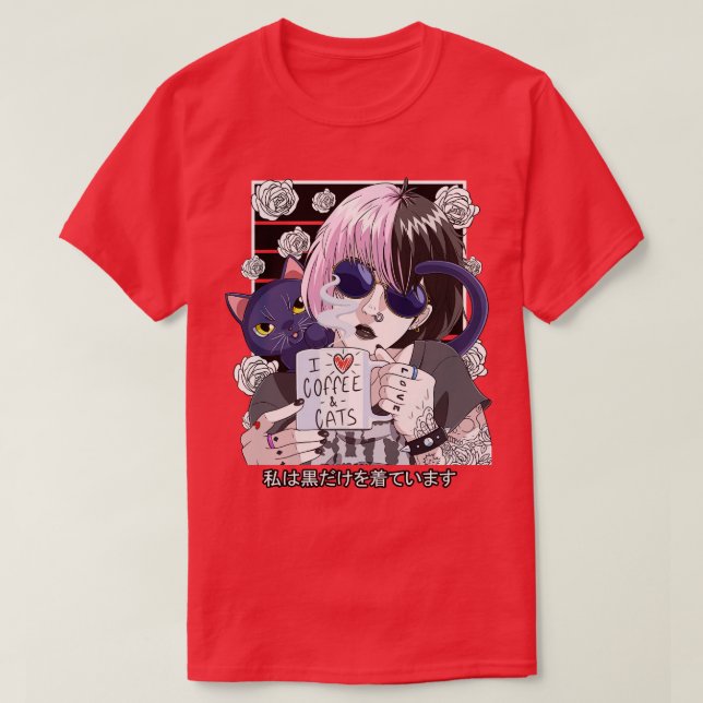 Goth  Girl Black Gothic Cat Coffee Lover Vaporware T-Shirt (Design Front)