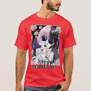 Goth Girl Black Gothic Cat Coffee Lover Vaporware T-Shirt