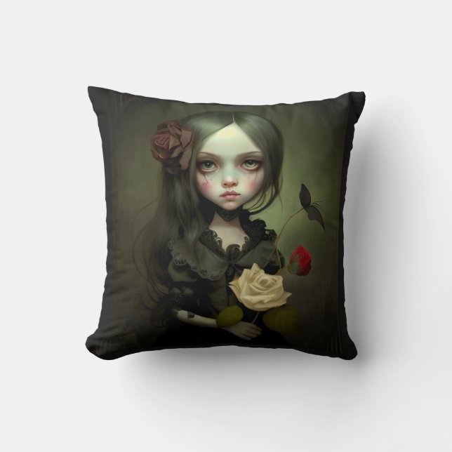 GOTH GIRL CUTE BLACK THROW PILLOW (Front)