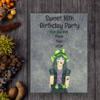 Goth Girl Green Hat Tattoos Glowing Grey Birthday
